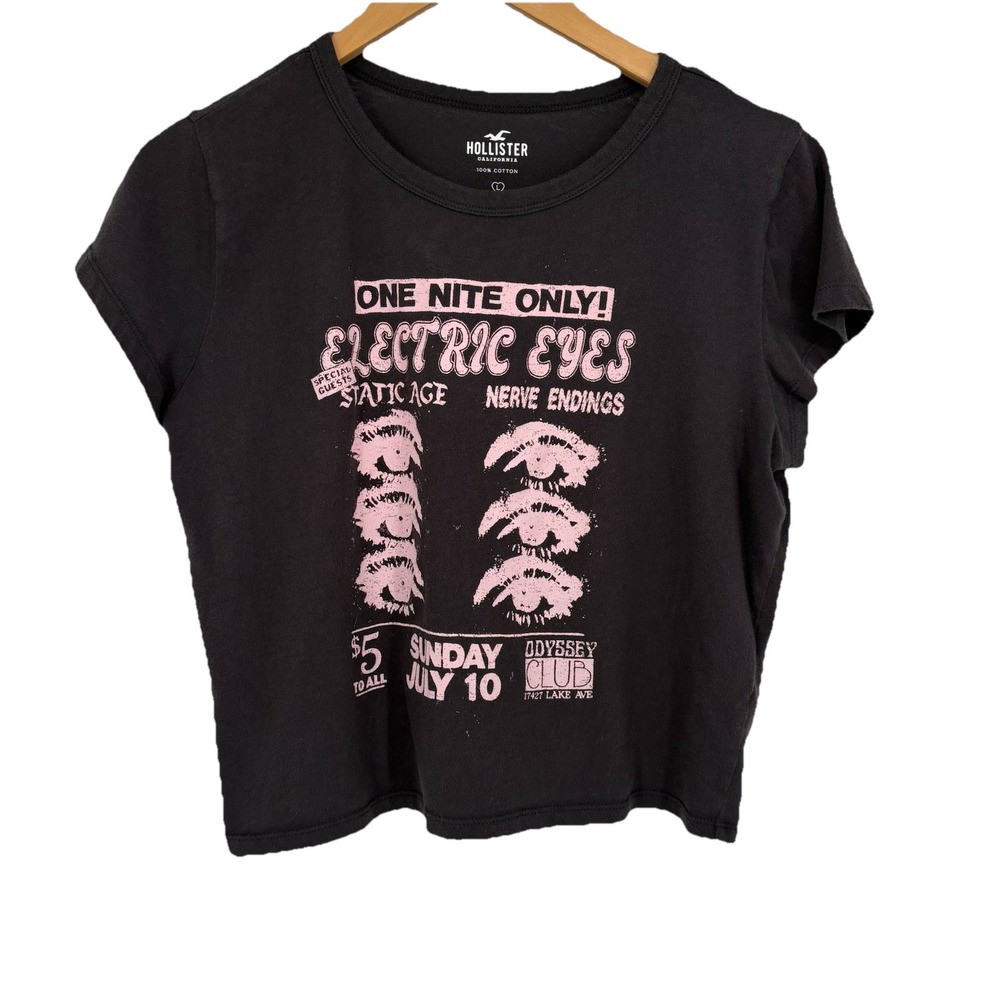 Hollister Womens Graphic Baby Tee Large Gray Electric Eyes Concert Retro Y2K